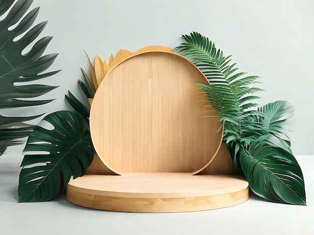 Maqueta de escenario de podio de madera para presentación de productos decorada con hojas de palmeras tropicales