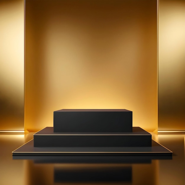 Maqueta de escenario de presentación de escalera negra 3D con línea dorada en el borde de las escaleras sobre un telón de fondo dorado
