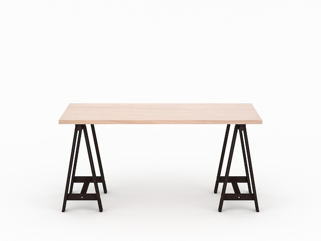 Maqueta de escritorio de mesa de roble de madera con patas de color marrón oscuro aisladas en representación 3d de estudio gris claro