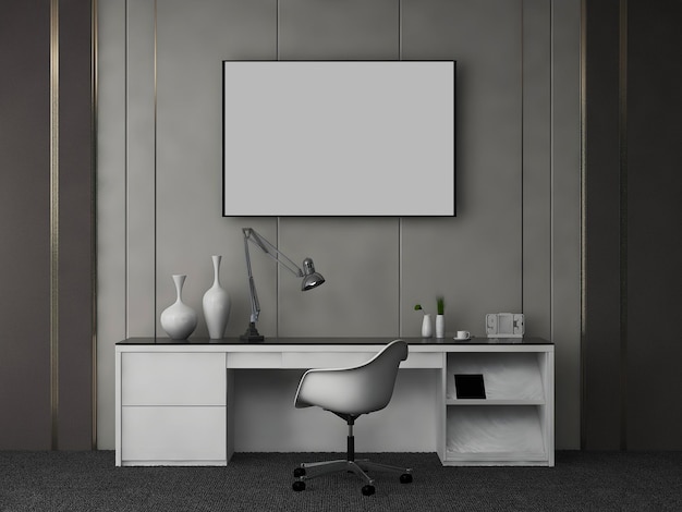 Maqueta de escritorio o oficina en casa con 1 gran marco en blanco gris pared moderna