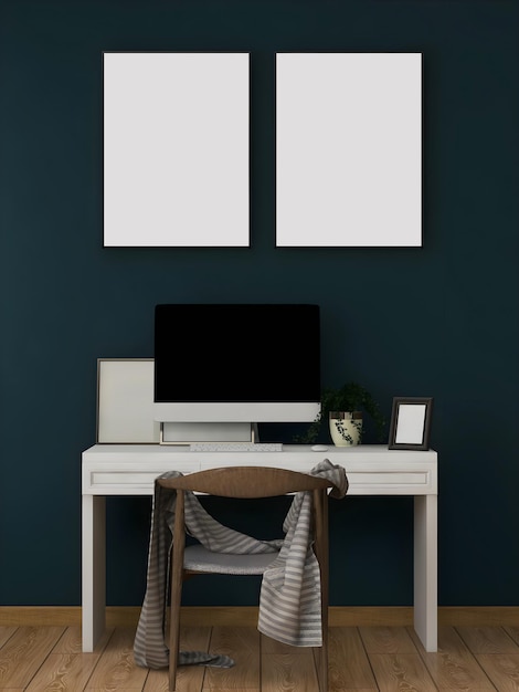 Maqueta de escritorio u oficina en el hogar con 2 marcos en blanco, mesa blanca individual y silla, escritorio azul marino wal