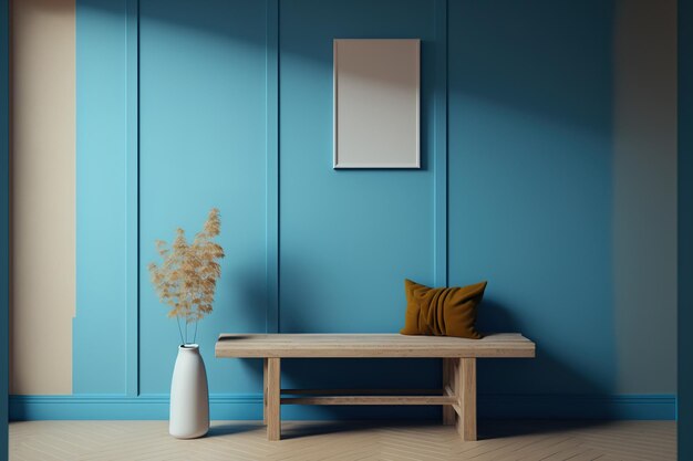 Una maqueta de estudio de estilo clásico contemporáneo con un banco para sentarse y una pared azul