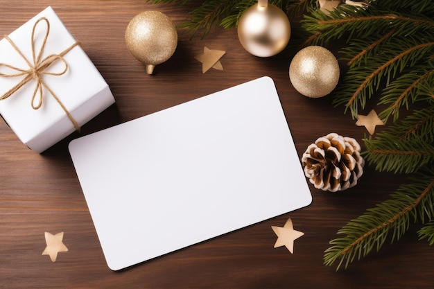 Una maqueta de una etiqueta blanca y una caja de regalos con una decoración de Año Nuevo con un árbol de Navidad juguetes de Navidad