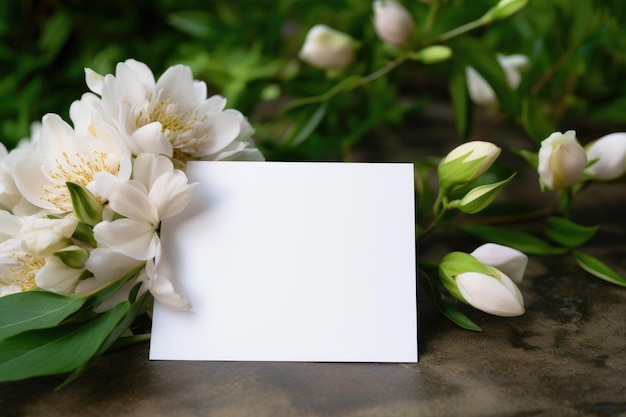 Una maqueta de una etiqueta vacía está con flores de primavera en un ramo en la mesa