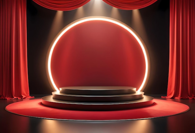 Maqueta de exhibición de escenario negra en 3D con reflector y cortina roja