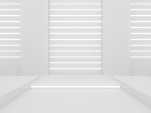 Maqueta de exhibición de producto 3D White SciFi Antecedentes científicos con luces de neón blancas