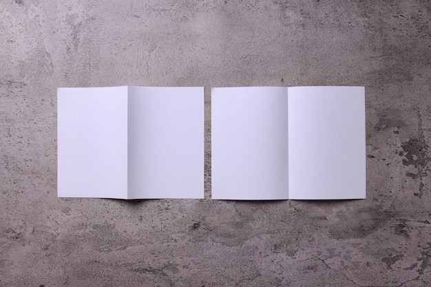 Maqueta de folleto blanco en blanco, parte delantera trasera y vista interior. Presentación de portada de tríptico.