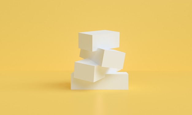 Maqueta de forma abstracta de geometría blanca mínima con podio para exhibición de productos sobre fondo amarillo, render 3d