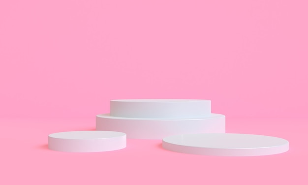 Maqueta de forma abstracta de geometría blanca mínima con podio para exhibición de productos sobre fondo rosa, render 3d