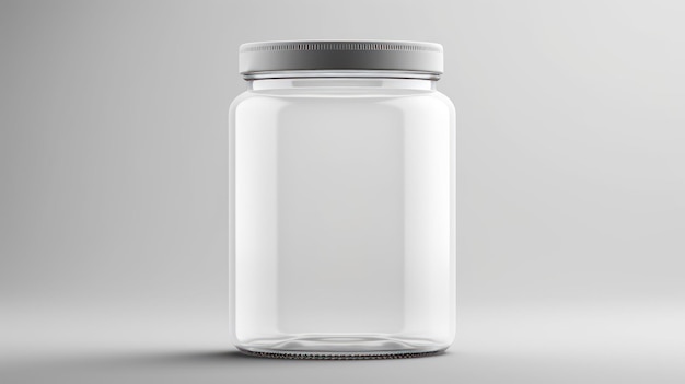 Foto maqueta de un frasco de vidrio transparente con tapa sobre fondo blanco.