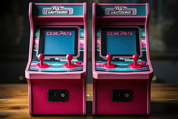 Foto maqueta de gabinete arcade retro negro para dos jugadores con botones blancos