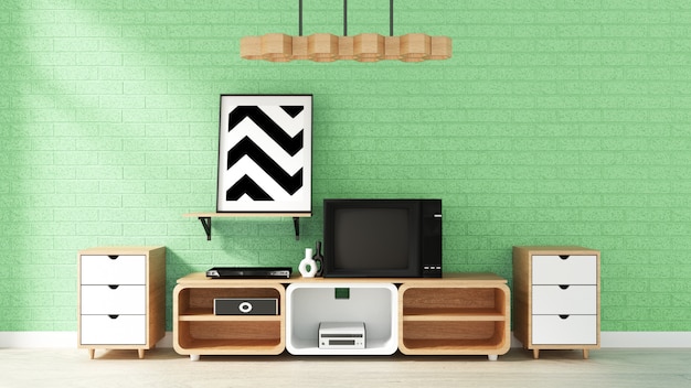 Maqueta del gabinete en la pared de ladrillo verde en sala de estar japonesa. Representación 3D
