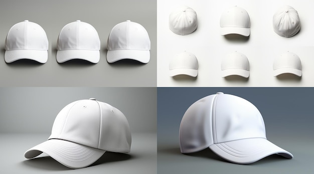 Foto maqueta de gorra de béisbol blanca con 4 posiciones de apertura en el estilo