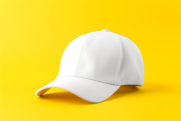 Maqueta de gorra de béisbol blanca sobre un fondo amarillo
