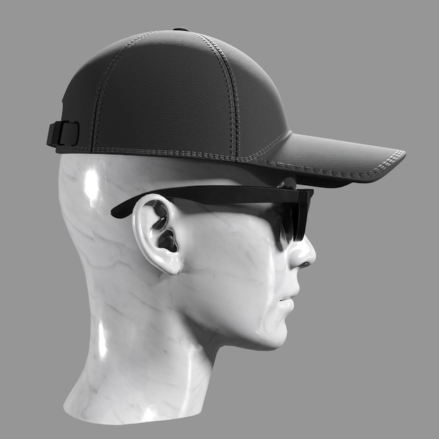 Una maqueta de gorra de béisbol negra y gafas de sol se usan en un maniquí de mármol.