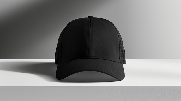 Foto la maqueta de una gorra deportiva negra sobre un fondo gris luz publicitaria de minimalismo
