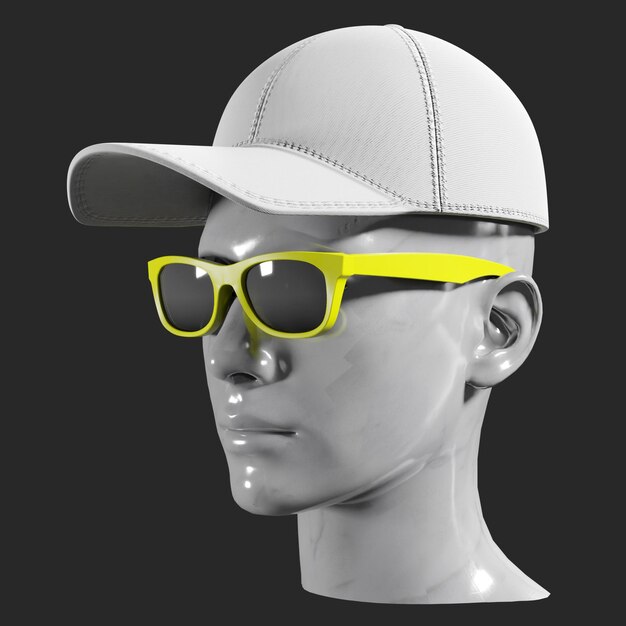 La maqueta de gorras de béisbol blancas y las gafas de sol se usan en un camino de recorte de maniquí de mármol renderizado en 3D