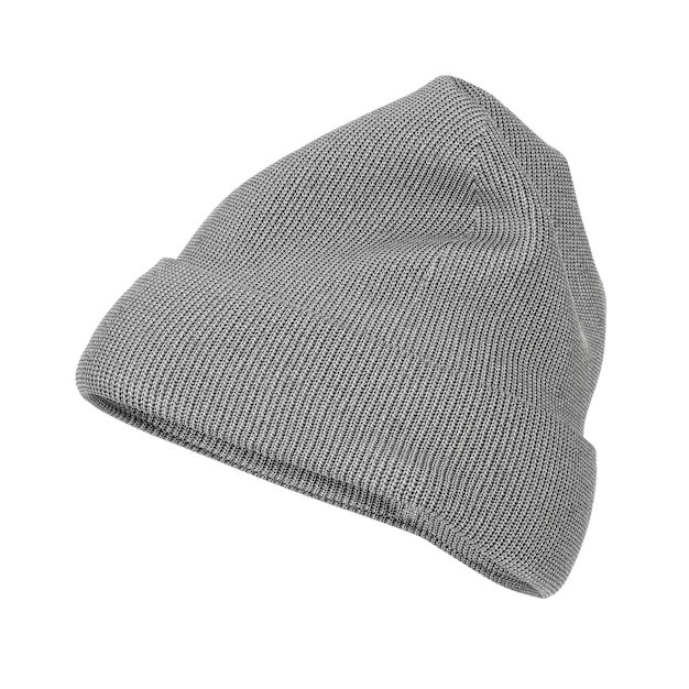 Maqueta de gorro de lana de punto gris de invierno en blanco con espacio libre para su diseño sobre un fondo blanco. Representación 3D