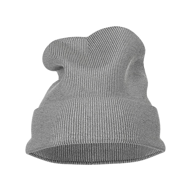 Maqueta de gorro de lana de punto gris de invierno en blanco con espacio libre para su diseño sobre un fondo blanco. Representación 3D