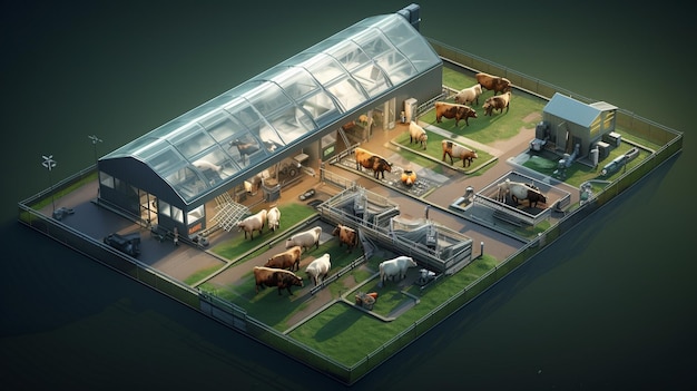 una maqueta de una granja con vacas y un edificio con techo de cristal.