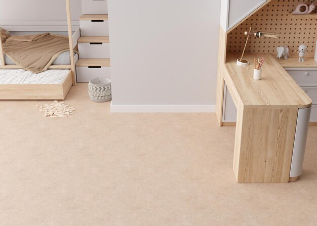 Maqueta de habitación para alfombra Interior de habitación infantil en estilo escandinavo contemporáneo Vista superior Espacio de copia vacío en el suelo para el diseño de su alfombra o moqueta Plantilla moderna Representación 3D