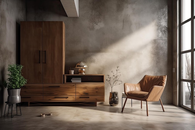 Maqueta de una habitación con un armario de madera, una silla y una pared estilo loft de hormigón pulido