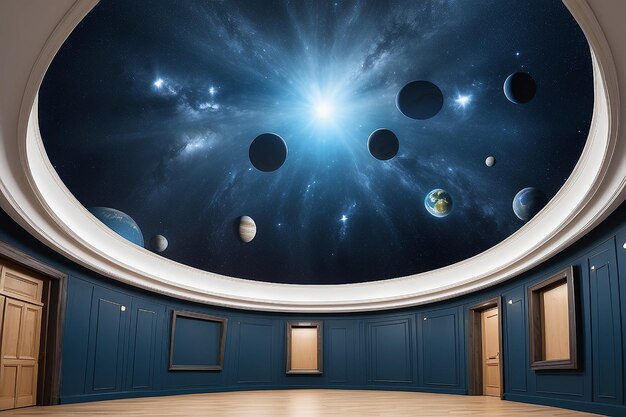 Foto una maqueta de habitación con tema de planetario con espacio blanco en blanco para colocar su diseño