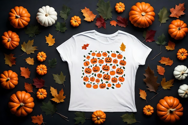 Maqueta de halloween de camiseta blanca para mujer con calabazas y hojas sobre fondo oscuro