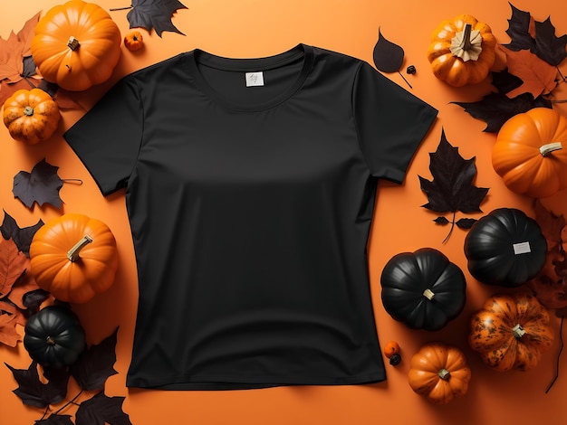 Maqueta de Halloween de camiseta de hombre y mujer negra con calabazas y hojas sobre fondo naranja Ai