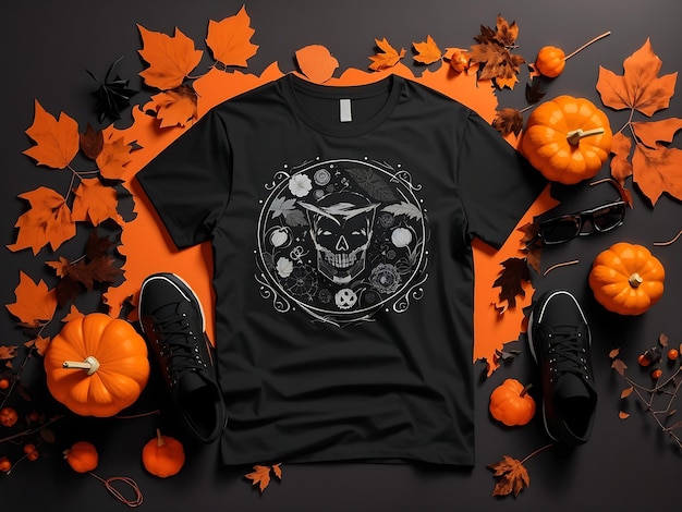 Maqueta de Halloween de camiseta de hombre y mujer negra con calabazas y hojas sobre fondo naranja Ai