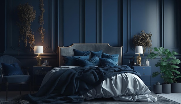 Maqueta de hogar acogedor fondo interior de dormitorio azul oscuro IA generativa