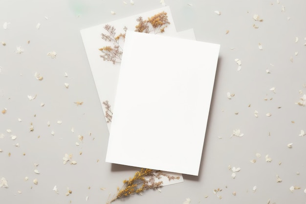 Foto maqueta de una hoja de papel vacía y flores secas sobre la mesa diseño de postal minimalista