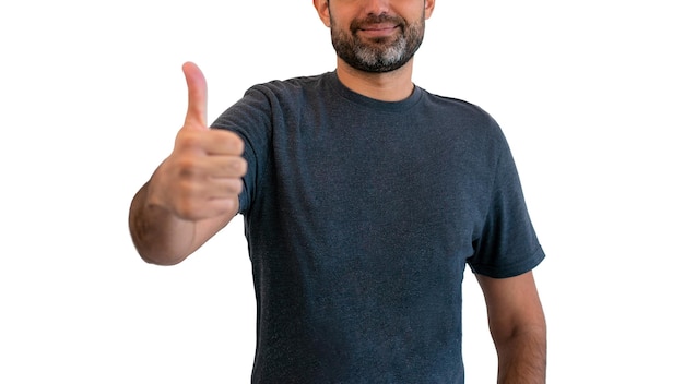 Maqueta de hombres de camiseta en blanco Hombre feliz mostrando los pulgares hacia arriba y sonriendo