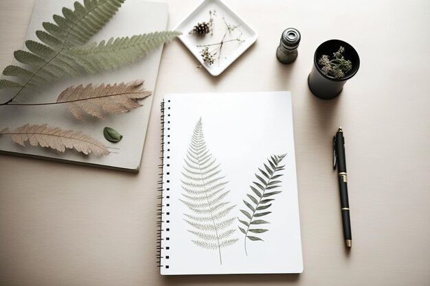 Maqueta de una idea de escritorio minimalista para un diario de escritores Naturaleza y un escritorio en el trabajo Helechos secos a la luz solar natural y diario artístico simple