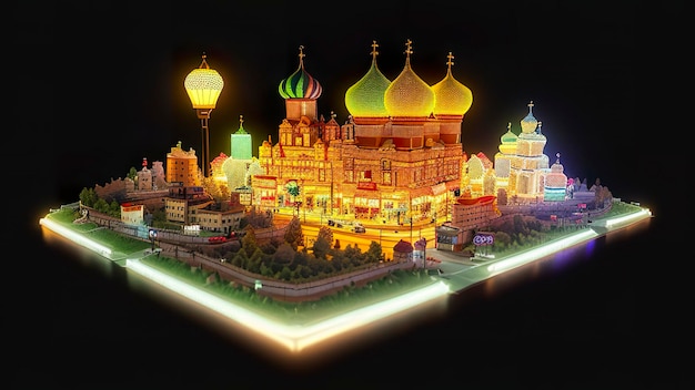 Una maqueta iluminada de una mezquita con un edificio iluminado al fondo.