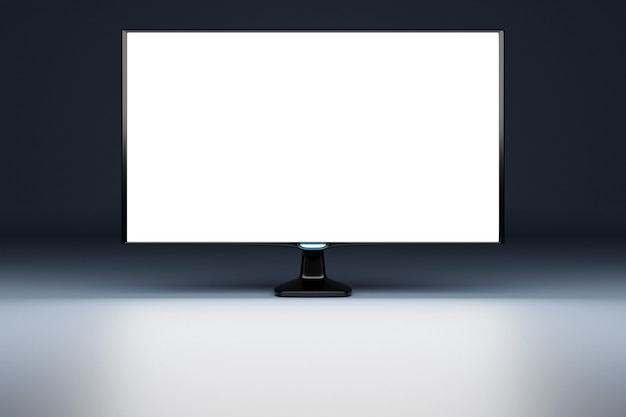 Maqueta de ilustración 3D de un monitor con pantalla blanca en una habitación negra