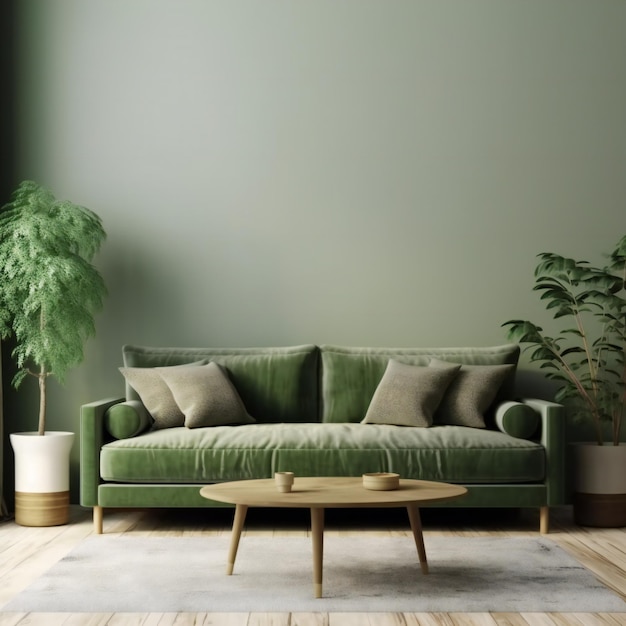 Maqueta del interior de una casa con decoración y mesa de sofá verde