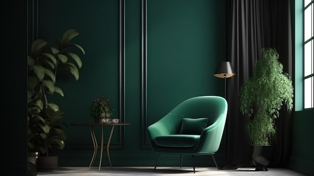 Maqueta del interior de una casa con mesa de sillón verde oscuro y decoración en la sala de estar Generative Ai