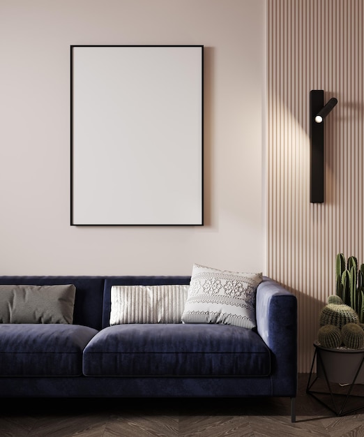 Maqueta interior de casa moderna con mesa de sofá azul oscuro y decoración en la sala de estar render 3d