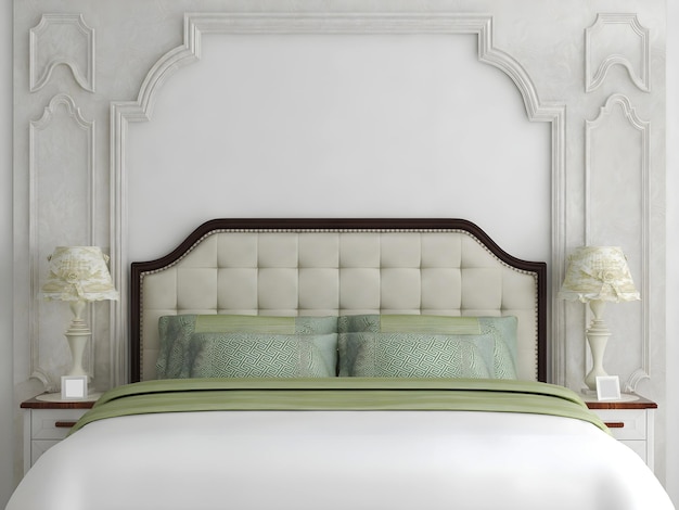 Maqueta interior de dormitorio con pared y cama clásicas