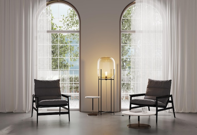 Maqueta interior elegante interior gris moderno con ventana de arco de silla negra y render 3d de jardín