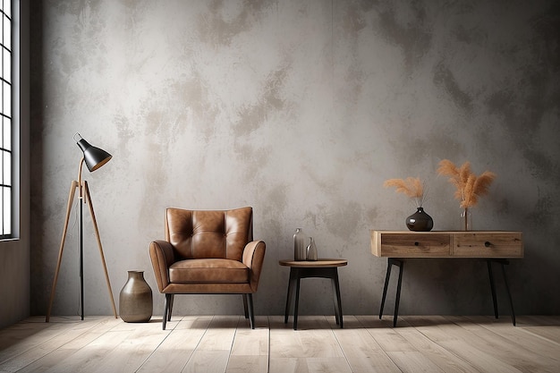 Maqueta interior de estilo Wabisabi con silla, mesa, jarrón y lámpara de piso en el fondo de la pared grunge3d rendering
