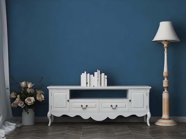 Maqueta interior de habitación con lámpara clásica de escritorio blanco clásico y pared azul