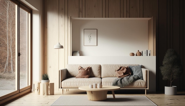 Maqueta interior del hogar con sofá beige, mesa de café, panel de madera y decoración en la sala de estar IA generativa