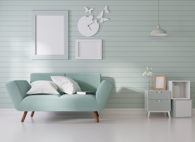 Maqueta interior Un marco de imagen se fija a un sofá azul en una habitación con listones azules en la pared.