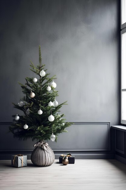 Maqueta interior navideña minimalista, muro de hormigón gris oscuro y un elegante árbol de Navidad