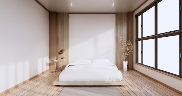 Maqueta interior con planta de cama zen y decoración en dormitorio japonés. Representación 3D.