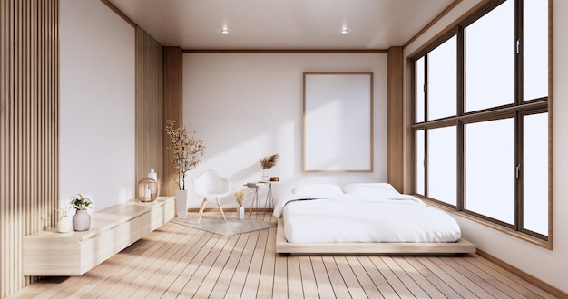 Maqueta interior con planta de cama zen y decoración en dormitorio japonés. Representación 3D.