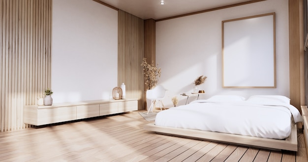 Maqueta interior con planta de cama zen y decoración en dormitorio japonés. Representación 3D.