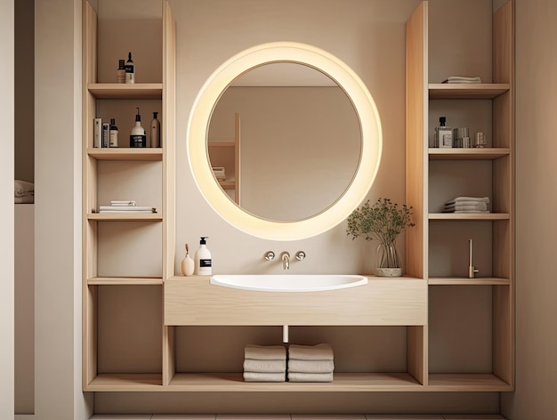 Maqueta interior realista de baño, fregadero de cerámica o lavabo con espejo y grifo, diseño moderno y minimalista, IA generativa.